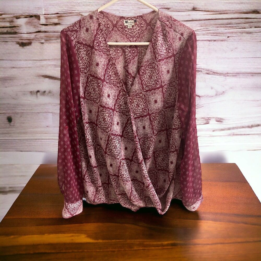 Kut from the Kloth Blouse Women's SIZE XL Snap Closure Sheer Pattern Wine